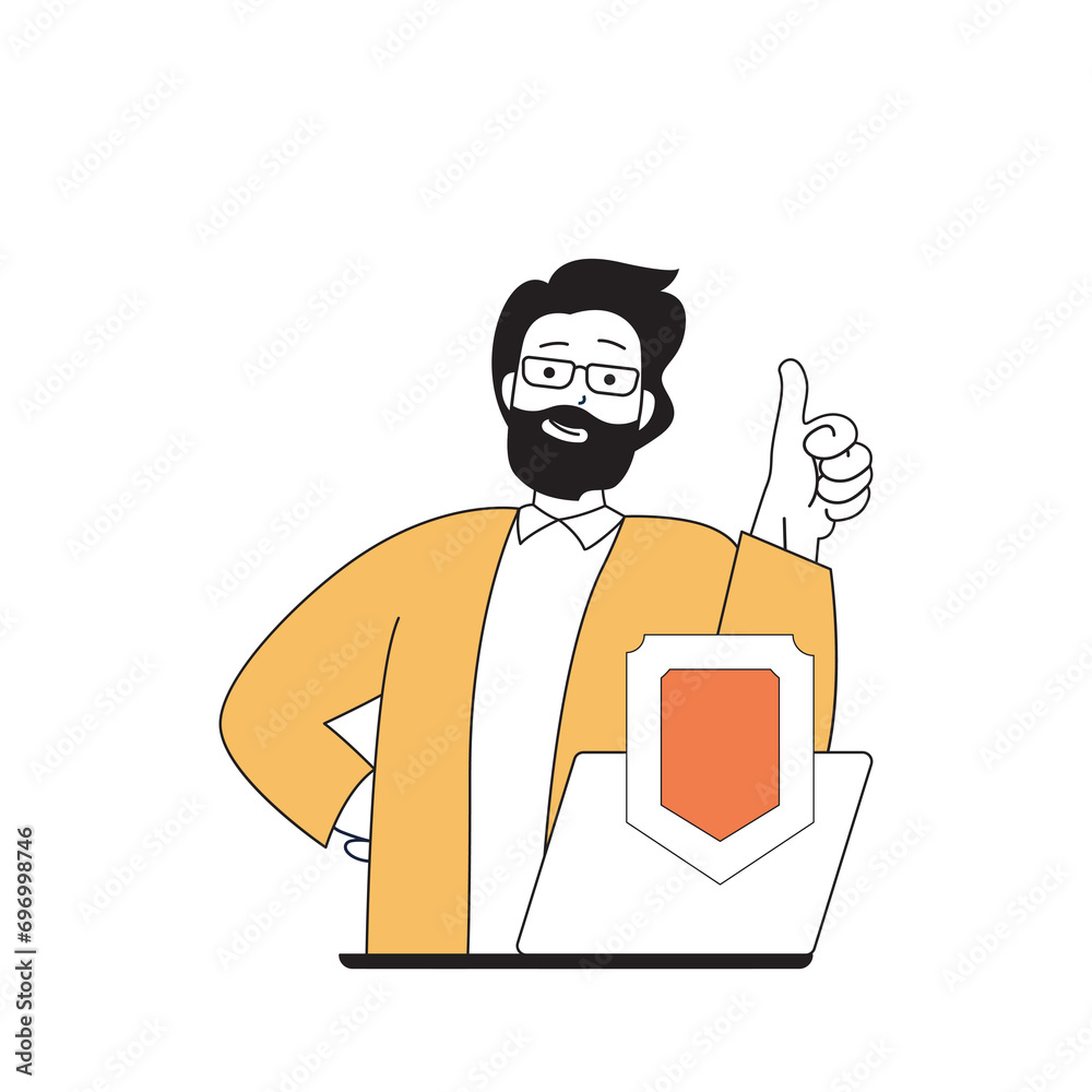 Poster cyber security concept with cartoon people in flat design for web. man protecting digital data at la