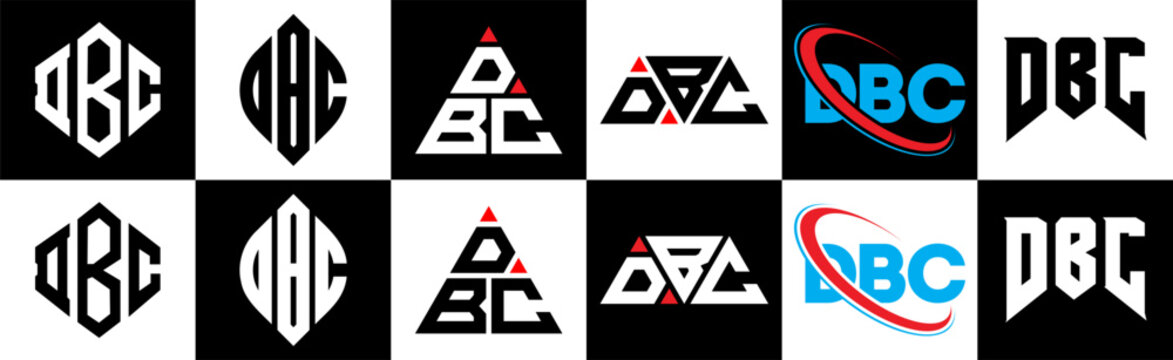 DBC letter logo design in six style. DBC polygon, circle, triangle, hexagon, flat and simple style with black and white color variation letter logo set in one artboard. DBC minimalist and classic logo