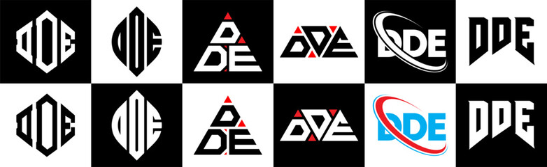 DDE letter logo design in six style. DDE polygon, circle, triangle, hexagon, flat and simple style with black and white color variation letter logo set in one artboard. DDE minimalist and classic logo