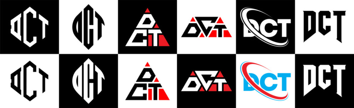DCT letter logo design in six style. DCT polygon, circle, triangle, hexagon, flat and simple style with black and white color variation letter logo set in one artboard. DCT minimalist and classic logo
