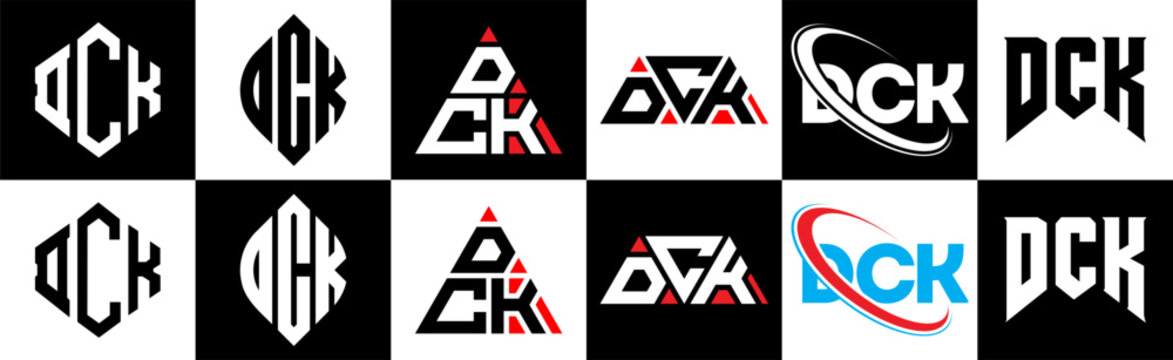 DCK letter logo design in six style. DCK polygon, circle, triangle, hexagon, flat and simple style with black and white color variation letter logo set in one artboard. DCK minimalist and classic logo