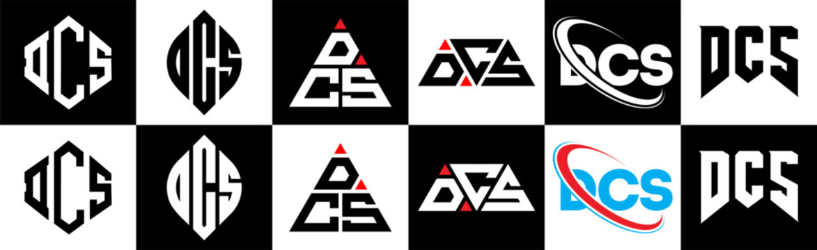 DCS letter logo design in six style. DCS polygon, circle, triangle, hexagon, flat and simple style with black and white color variation letter logo set in one artboard. DCS minimalist and classic logo