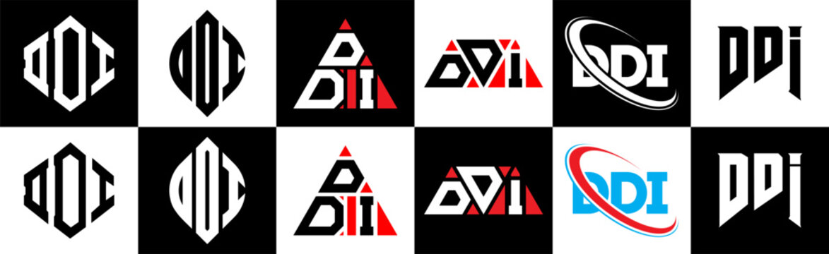 DDI letter logo design in six style. DDI polygon, circle, triangle, hexagon, flat and simple style with black and white color variation letter logo set in one artboard. DDI minimalist and classic logo