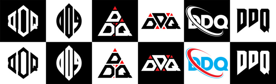 DDQ letter logo design in six style. DDQ polygon, circle, triangle, hexagon, flat and simple style with black and white color variation letter logo set in one artboard. DDQ minimalist and classic logo