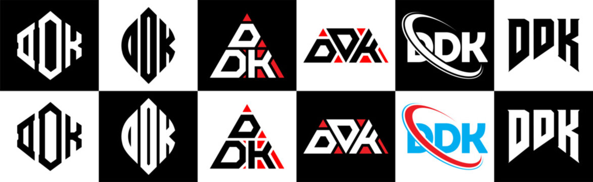 DDK letter logo design in six style. DDK polygon, circle, triangle, hexagon, flat and simple style with black and white color variation letter logo set in one artboard. DDK minimalist and classic logo