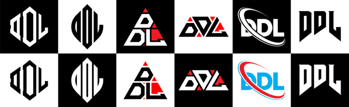 DDL letter logo design in six style. DDL polygon, circle, triangle, hexagon, flat and simple style with black and white color variation letter logo set in one artboard. DDL minimalist and classic logo