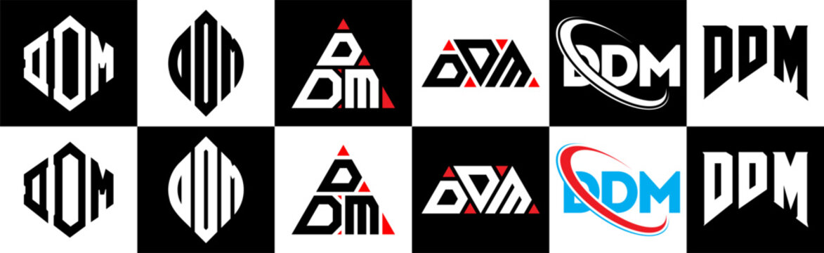 DDM letter logo design in six style. DDM polygon, circle, triangle, hexagon, flat and simple style with black and white color variation letter logo set in one artboard. DDM minimalist and classic logo