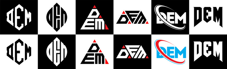 DEM letter logo design in six style. DEM polygon, circle, triangle, hexagon, flat and simple style with black and white color variation letter logo set in one artboard. DEM minimalist and classic logo