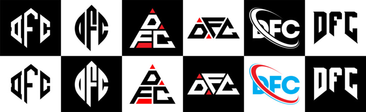 DFC letter logo design in six style. DFC polygon, circle, triangle, hexagon, flat and simple style with black and white color variation letter logo set in one artboard. DFC minimalist and classic logo