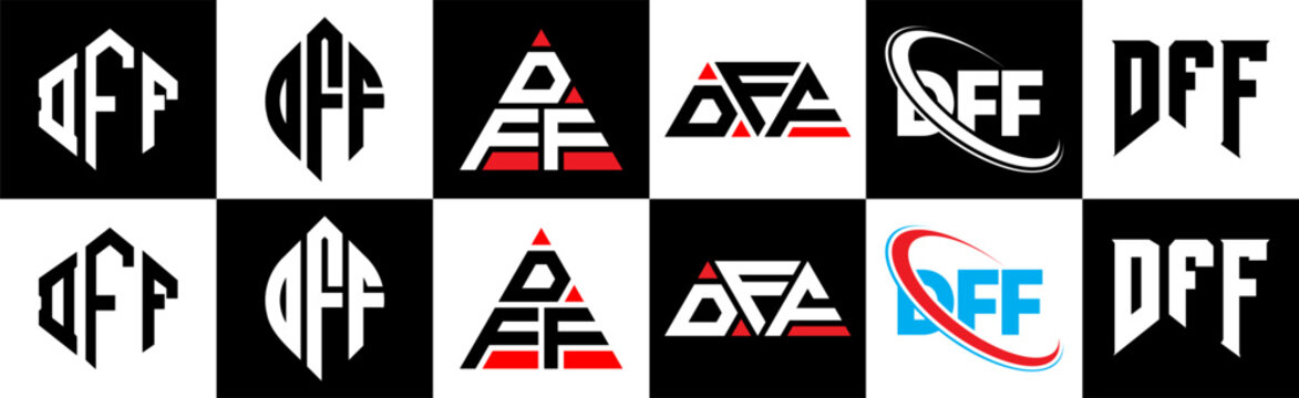 DFF letter logo design in six style. DFF polygon, circle, triangle, hexagon, flat and simple style with black and white color variation letter logo set in one artboard. DFF minimalist and classic logo