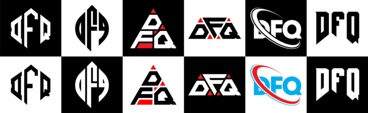 DFQ letter logo design in six style. DFQ polygon, circle, triangle, hexagon, flat and simple style with black and white color variation letter logo set in one artboard. DFQ minimalist and classic logo