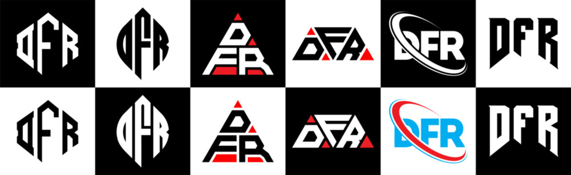 DFR letter logo design in six style. DFR polygon, circle, triangle, hexagon, flat and simple style with black and white color variation letter logo set in one artboard. DFR minimalist and classic logo