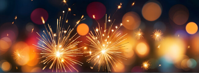 Closeup of sparkling sparklers and bokeh lights in the background. New Year's Eve 2024 party event celebration, holiday greeting card