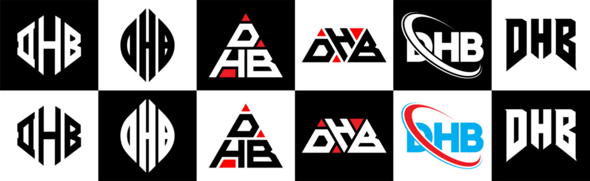 DHB letter logo design in six style. DHB polygon, circle, triangle, hexagon, flat and simple style with black and white color variation letter logo set in one artboard. DHB minimalist and classic logo