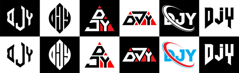 DJY letter logo design in six style. DJY polygon, circle, triangle, hexagon, flat and simple style with black and white color variation letter logo set in one artboard. DJY minimalist and classic logo