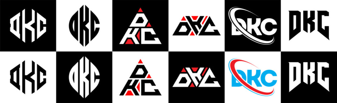 DKC letter logo design in six style. DKC polygon, circle, triangle, hexagon, flat and simple style with black and white color variation letter logo set in one artboard. DKC minimalist and classic logo