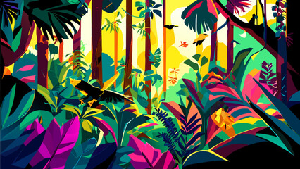 A lush tropical jungle with exotic animals. vektor icon illustation