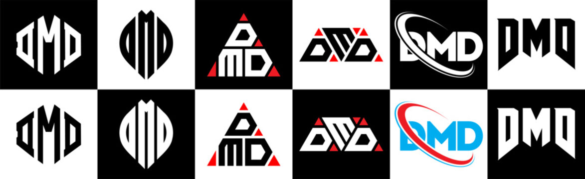 DMD letter logo design in six style. DMD polygon, circle, triangle, hexagon, flat and simple style with black and white color variation letter logo set in one artboard. DMD minimalist and classic logo