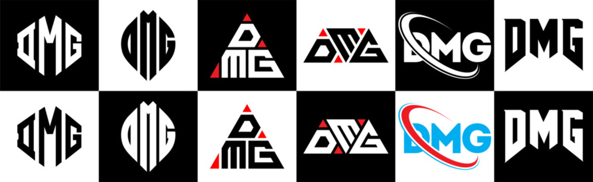 DMG letter logo design in six style. DMG polygon, circle, triangle, hexagon, flat and simple style with black and white color variation letter logo set in one artboard. DMG minimalist and classic logo