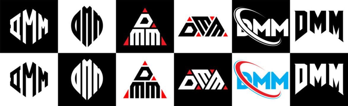 DMM letter logo design in six style. DMM polygon, circle, triangle, hexagon, flat and simple style with black and white color variation letter logo set in one artboard. DMM minimalist and classic logo