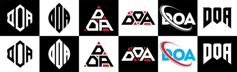 DOA letter logo design in six style. DOA polygon, circle, triangle, hexagon, flat and simple style with black and white color variation letter logo set in one artboard. DOA minimalist and classic logo