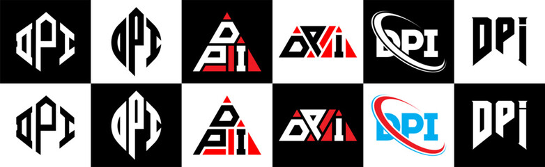 DPI letter logo design in six style. DPI polygon, circle, triangle, hexagon, flat and simple style with black and white color variation letter logo set in one artboard. DPI minimalist and classic logo