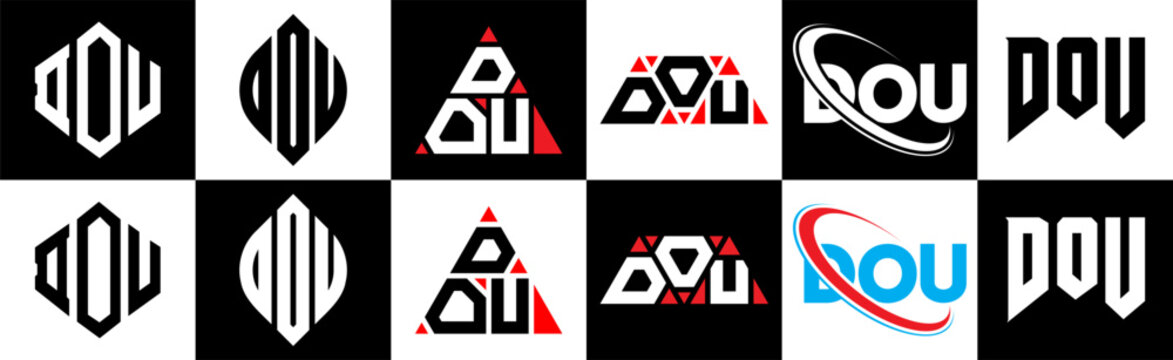DOU letter logo design in six style. DOU polygon, circle, triangle, hexagon, flat and simple style with black and white color variation letter logo set in one artboard. DOU minimalist and classic logo