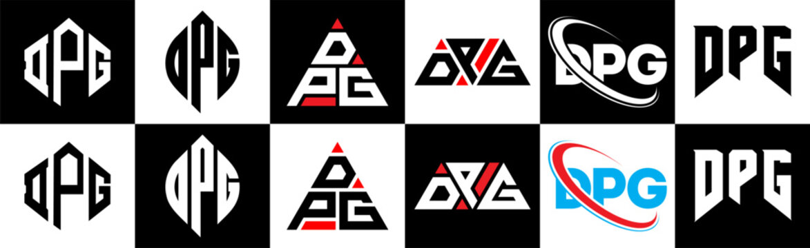 DPG letter logo design in six style. DPG polygon, circle, triangle, hexagon, flat and simple style with black and white color variation letter logo set in one artboard. DPG minimalist and classic logo