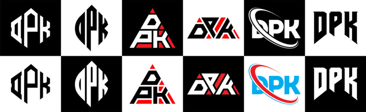 DPK letter logo design in six style. DPK polygon, circle, triangle, hexagon, flat and simple style with black and white color variation letter logo set in one artboard. DPK minimalist and classic logo