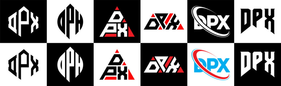 DPX letter logo design in six style. DPX polygon, circle, triangle, hexagon, flat and simple style with black and white color variation letter logo set in one artboard. DPX minimalist and classic logo