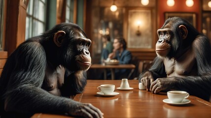 Two chimpanzee friends met at a café for cappuccinos and smart talk. Digitial illustration, wallpaper or poster, generative ai art.   - obrazy, fototapety, plakaty