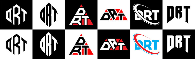 DRT letter logo design in six style. DRT polygon, circle, triangle, hexagon, flat and simple style with black and white color variation letter logo set in one artboard. DRT minimalist and classic logo