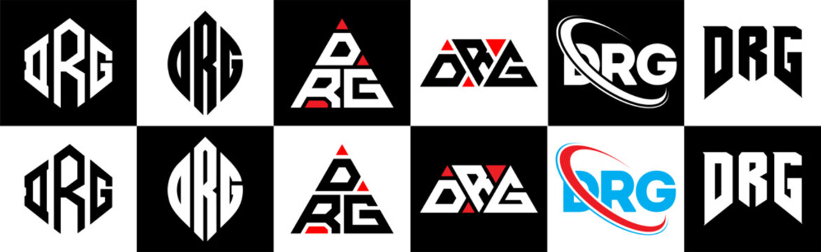 DRG letter logo design in six style. DRG polygon, circle, triangle, hexagon, flat and simple style with black and white color variation letter logo set in one artboard. DRG minimalist and classic logo