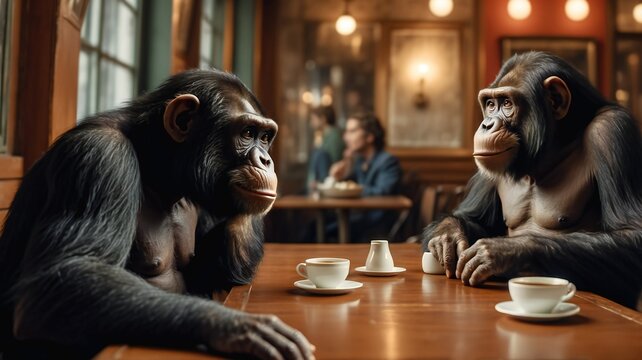 Two chimpanzee friends met at a café for cappuccinos and smart talk. Digitial illustration, wallpaper or poster, generative ai art.  