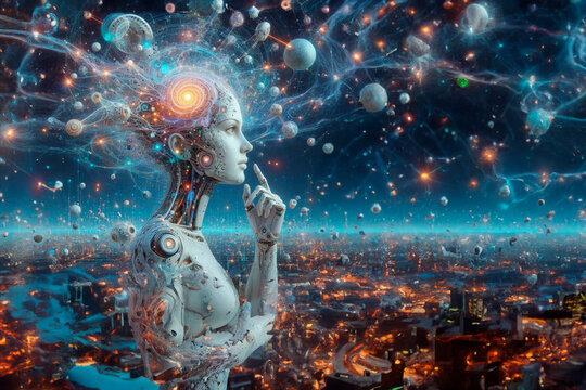 Artificial intelligence hand unlocking cosmic mysteries in a vibrant universe