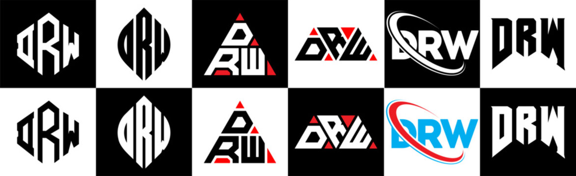 DRW letter logo design in six style. DRW polygon, circle, triangle, hexagon, flat and simple style with black and white color variation letter logo set in one artboard. DRW minimalist and classic logo