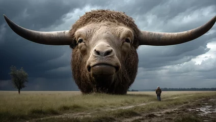 Foto op Canvas A gigantic bison head emerges in the middle of a field as a woman gazes upon it. An abstract illustration. Digitial wallpaper, generative ai art.   © stockcrafter