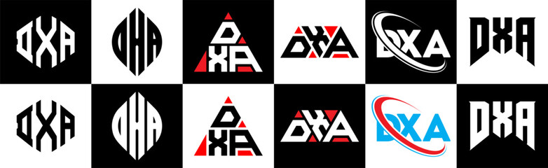 DXA letter logo design in six style. DXA polygon, circle, triangle, hexagon, flat and simple style with black and white color variation letter logo set in one artboard. DXA minimalist and classic logo