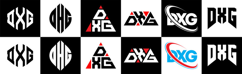 DXG letter logo design in six style. DXG polygon, circle, triangle, hexagon, flat and simple style with black and white color variation letter logo set in one artboard. DXG minimalist and classic logo