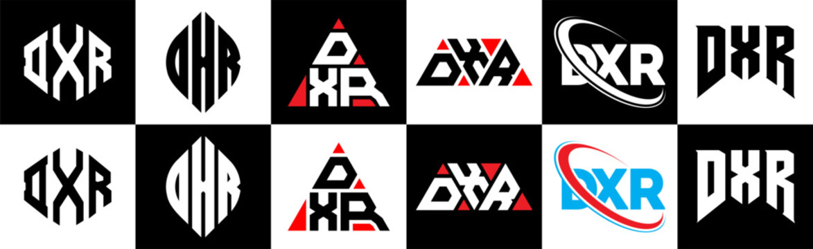 DXR letter logo design in six style. DXR polygon, circle, triangle, hexagon, flat and simple style with black and white color variation letter logo set in one artboard. DXR minimalist and classic logo