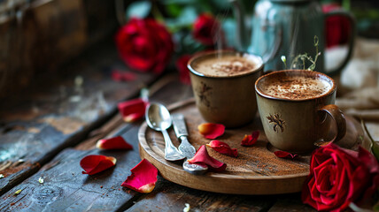 Coffee for two on valentines day, two artistic ceramic mugs of steaming coffee surrounded by red roses and petals for a couple celebrating their love