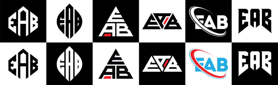 EAB letter logo design in six style. EAB polygon, circle, triangle, hexagon, flat and simple style with black and white color variation letter logo set in one artboard. EAB minimalist and classic logo