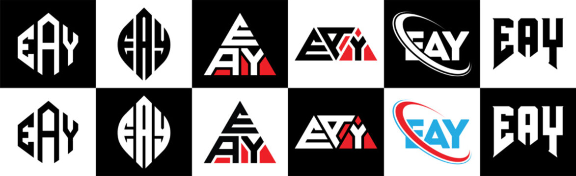 EAY letter logo design in six style. EAY polygon, circle, triangle, hexagon, flat and simple style with black and white color variation letter logo set in one artboard. EAY minimalist and classic logo