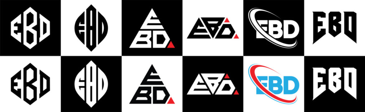 EBD letter logo design in six style. EBD polygon, circle, triangle, hexagon, flat and simple style with black and white color variation letter logo set in one artboard. EBD minimalist and classic logo