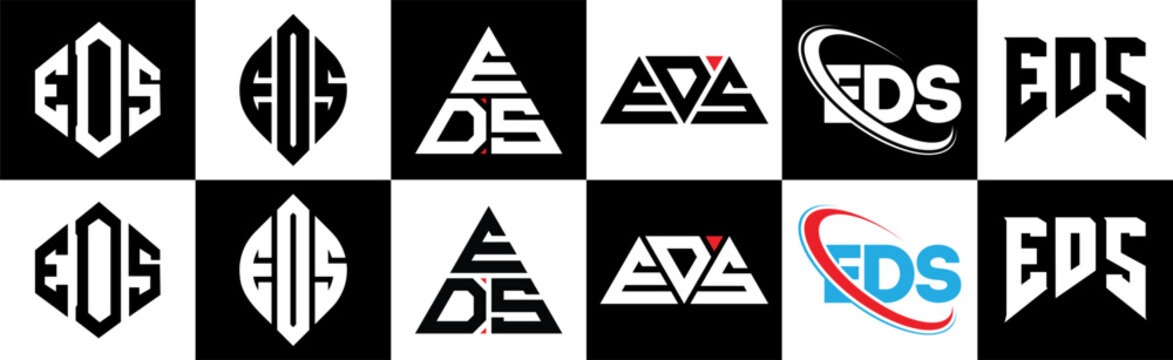 EDS letter logo design in six style. EDS polygon, circle, triangle, hexagon, flat and simple style with black and white color variation letter logo set in one artboard. EDS minimalist and classic logo