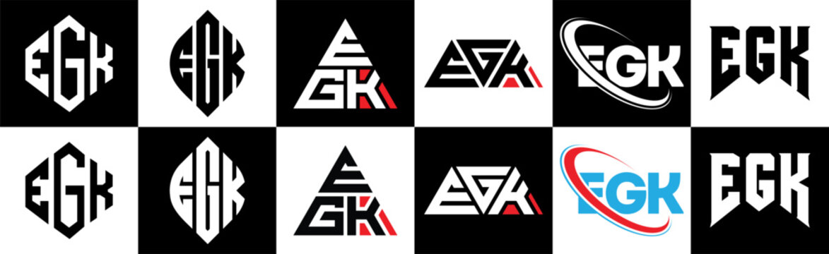 EGK letter logo design in six style. EGK polygon, circle, triangle, hexagon, flat and simple style with black and white color variation letter logo set in one artboard. EGK minimalist and classic logo
