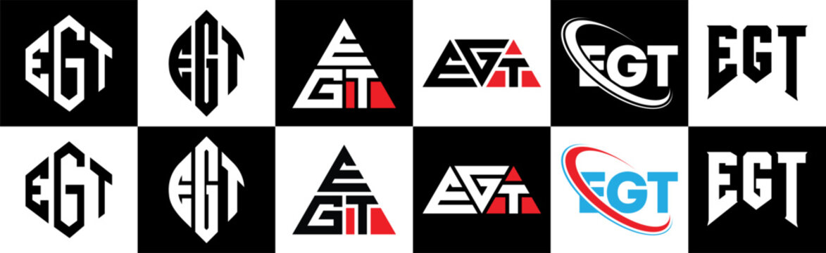 EGT letter logo design in six style. EGT polygon, circle, triangle, hexagon, flat and simple style with black and white color variation letter logo set in one artboard. EGT minimalist and classic logo