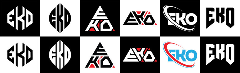 EKO letter logo design in six style. EKO polygon, circle, triangle, hexagon, flat and simple style with black and white color variation letter logo set in one artboard. EKO minimalist and classic logo - obrazy, fototapety, plakaty