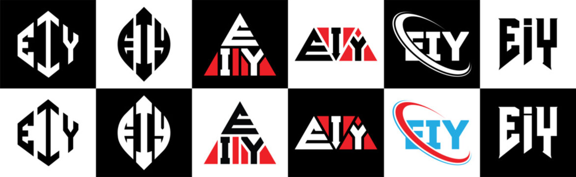 EIY letter logo design in six style. EIY polygon, circle, triangle, hexagon, flat and simple style with black and white color variation letter logo set in one artboard. EIY minimalist and classic logo