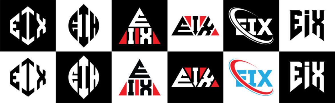 EIX letter logo design in six style. EIX polygon, circle, triangle, hexagon, flat and simple style with black and white color variation letter logo set in one artboard. EIX minimalist and classic logo